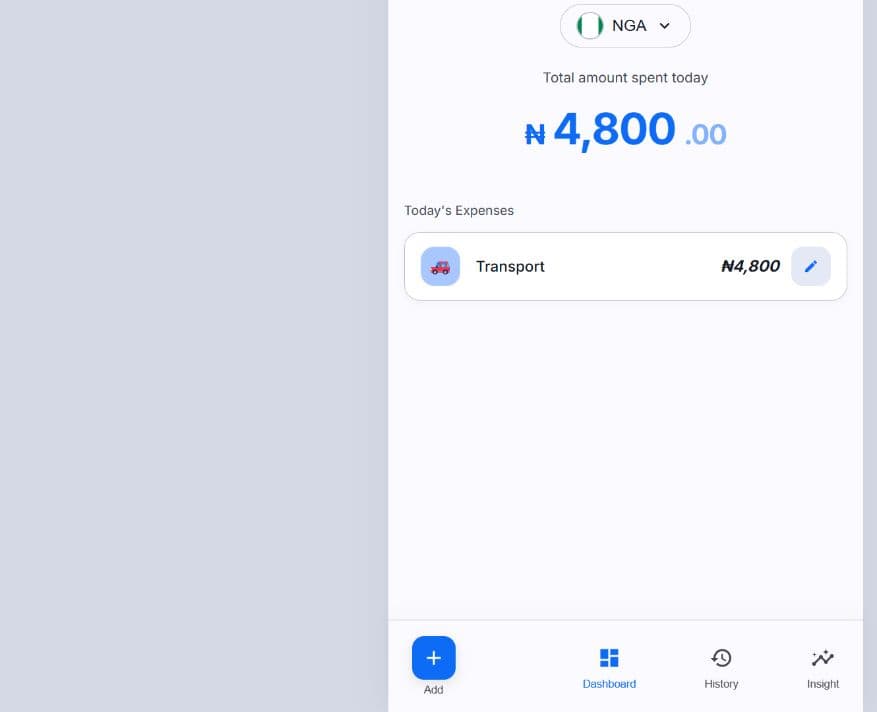 GoFinancial dashboard updated after saving a transport expense