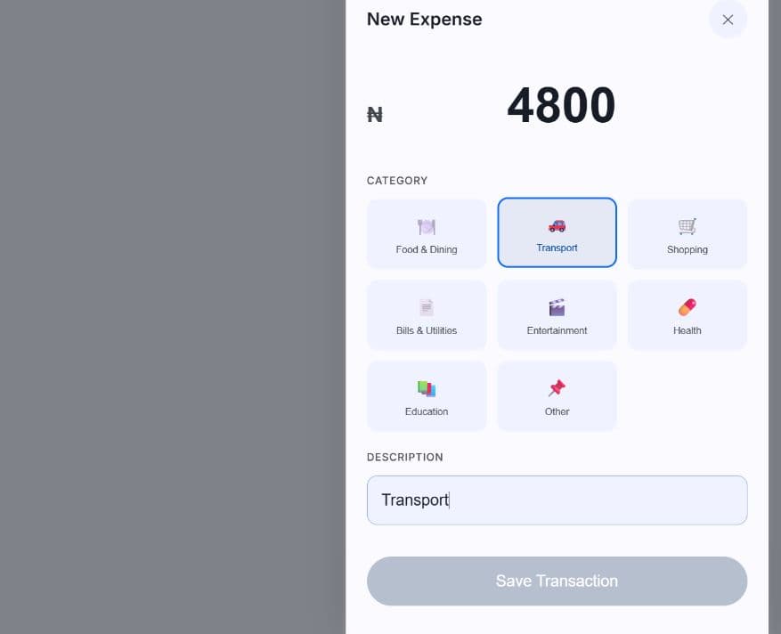GoFinancial New Expense flow with amount, category, and description completed